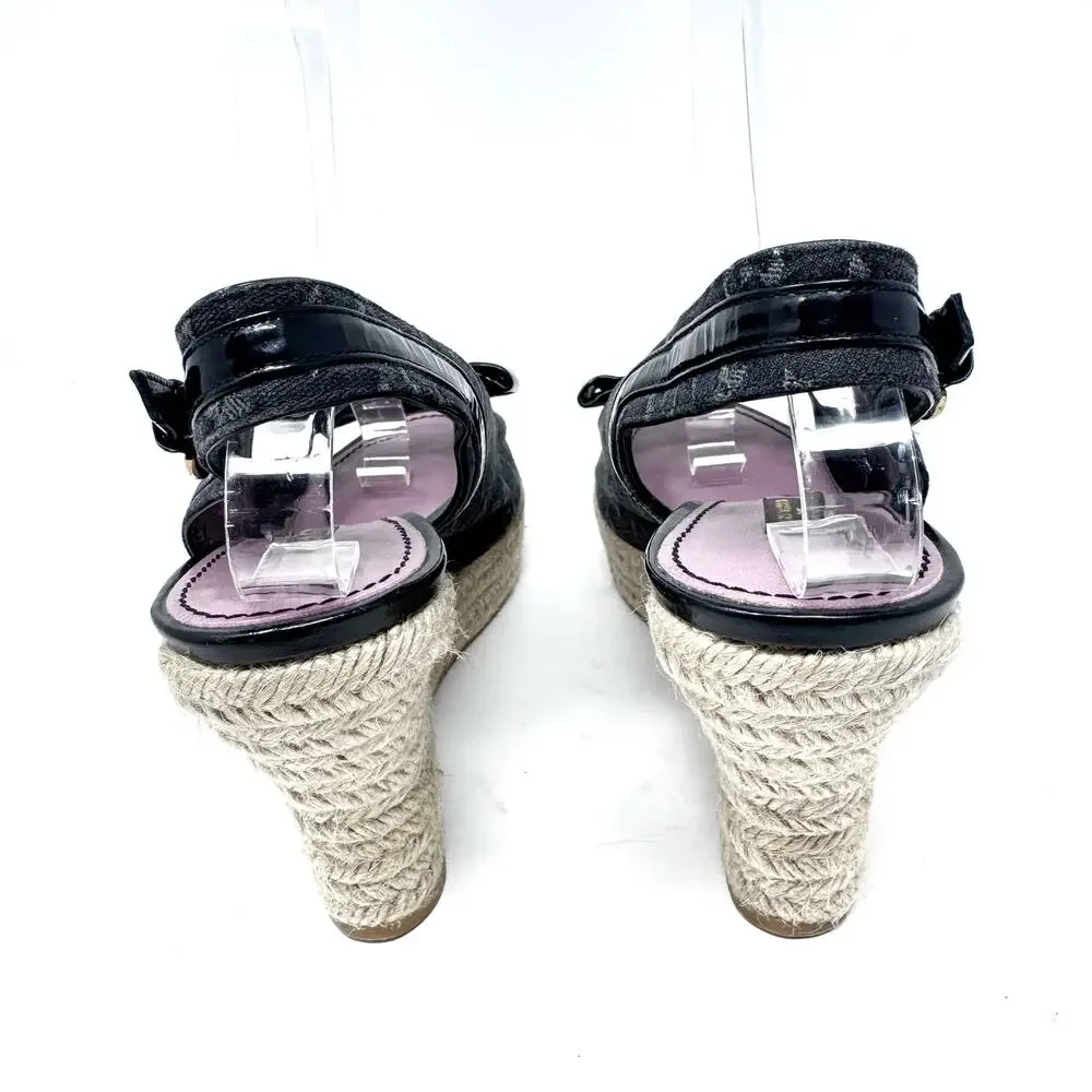 Louis Vuitton Black Monogram Denim Patent Leather Bow Espadrille Wedges 39
